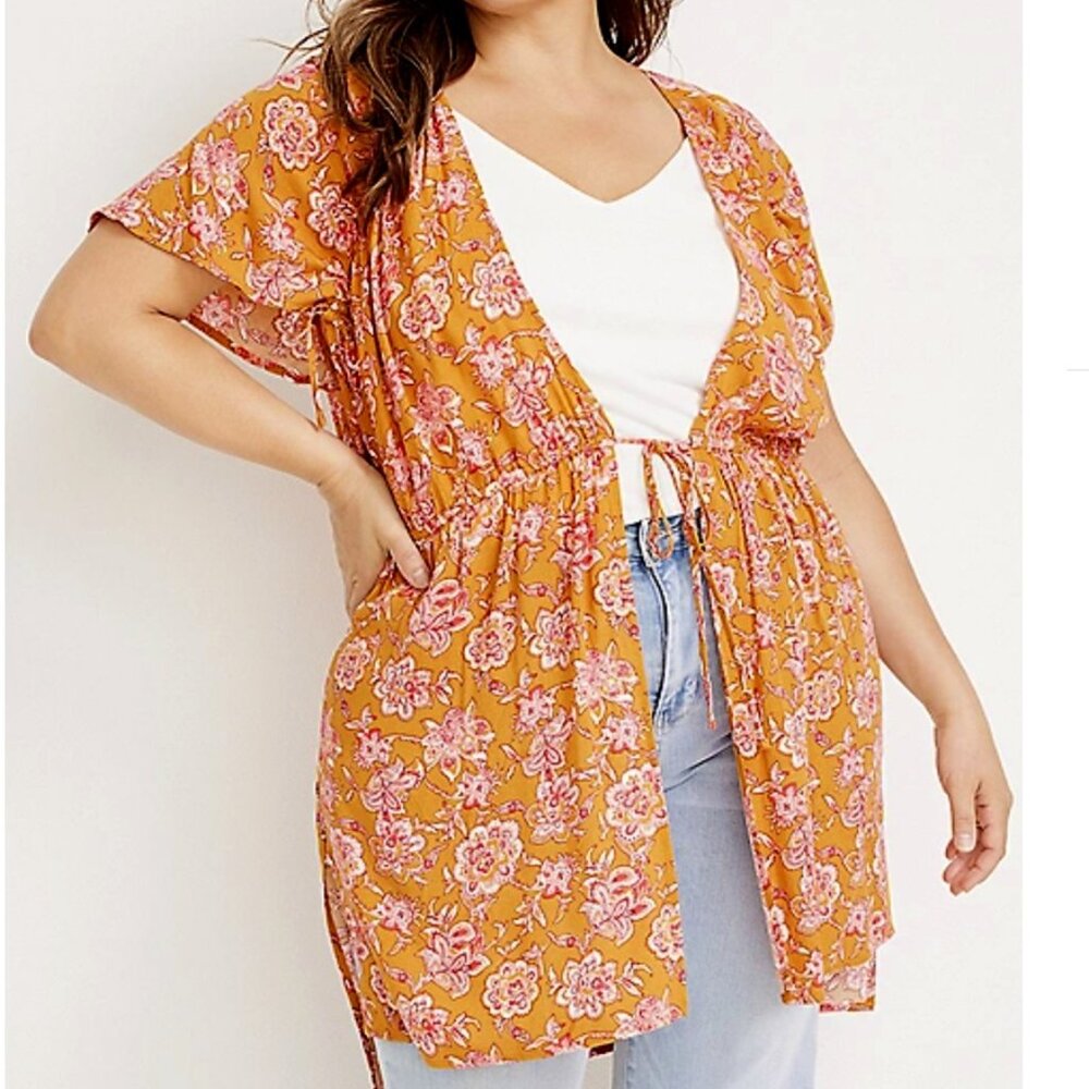 Maurices 1X Kimono Duster Floral Cinched Sleeve Front Tie Crinkle Gauze